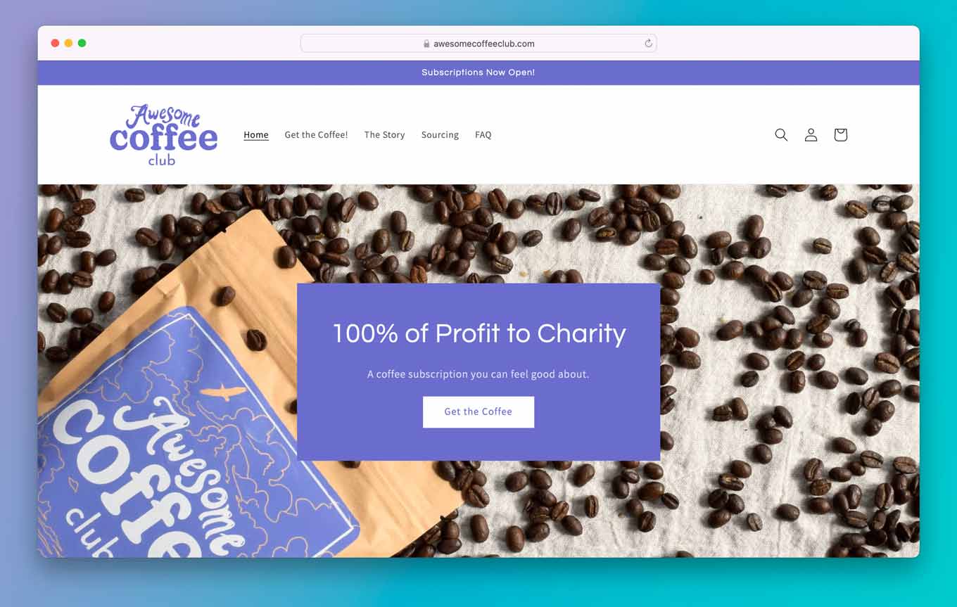 Awesome Coffee Club website homepage with the words "100% of Profit to Charity"