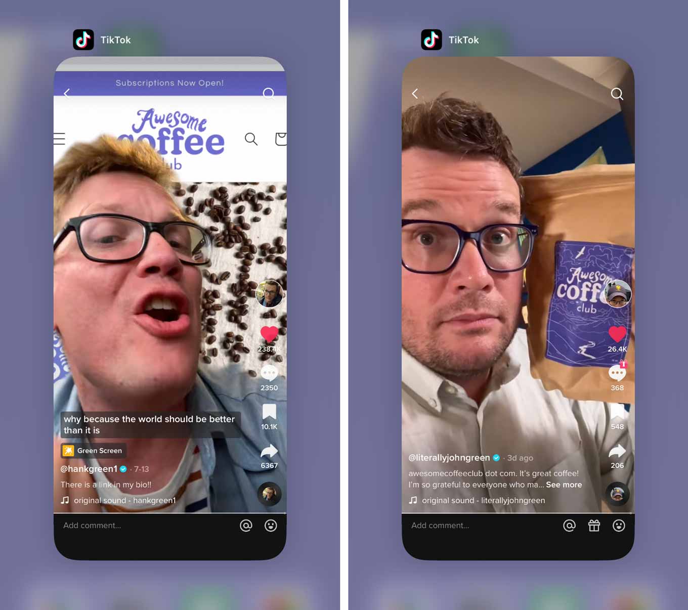 Two screenshots, of Hank Green and John Green, promoting the Awesome Coffee Club on TikTok