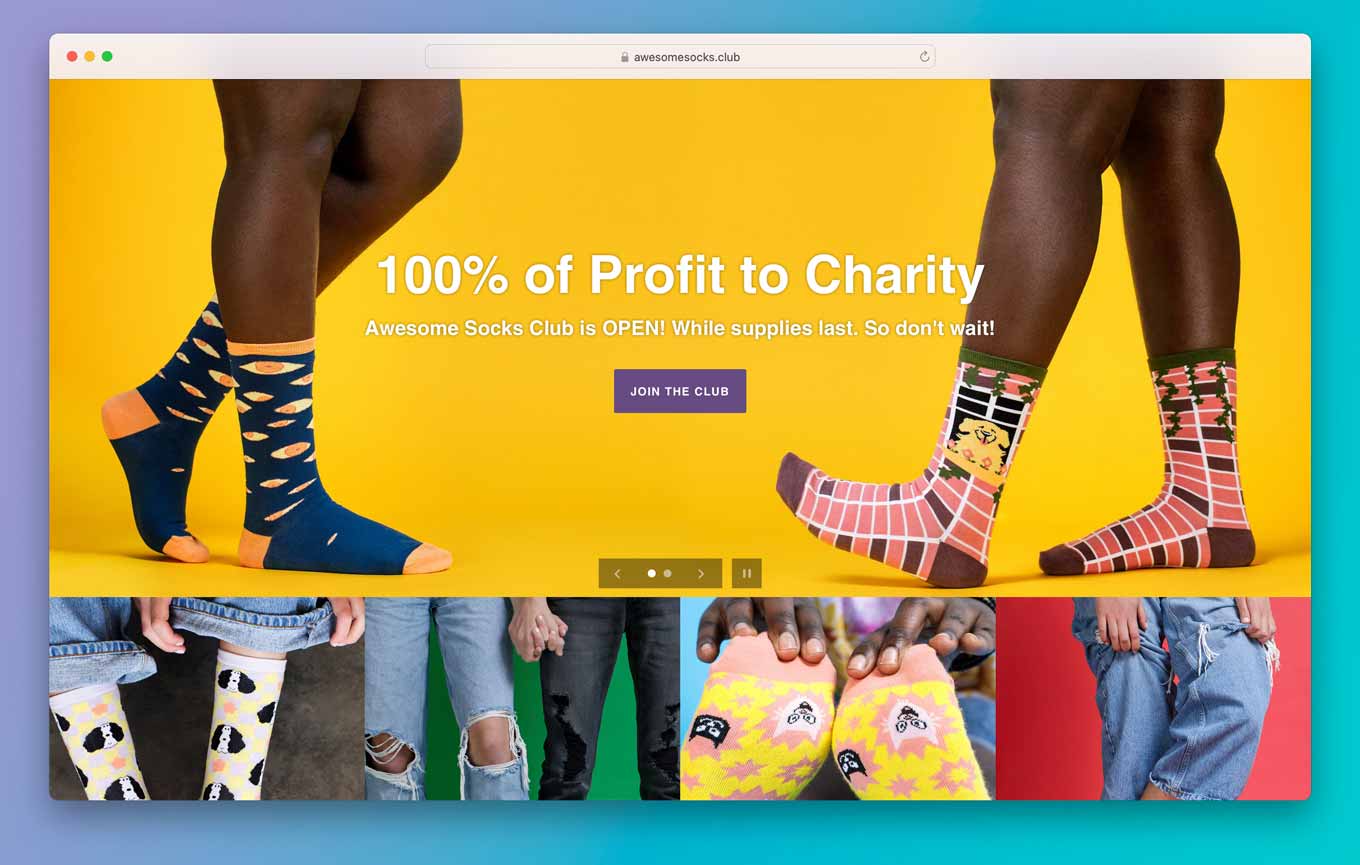 Screenshot of homepage for Awesome Socks Club — with the text 100% of Profit to Charity