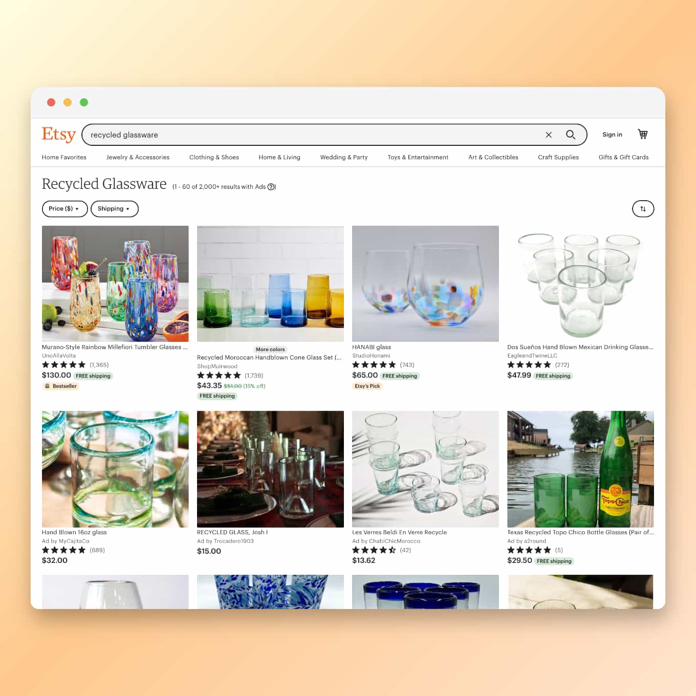 Screenshot of Etsy search for recycled glassware