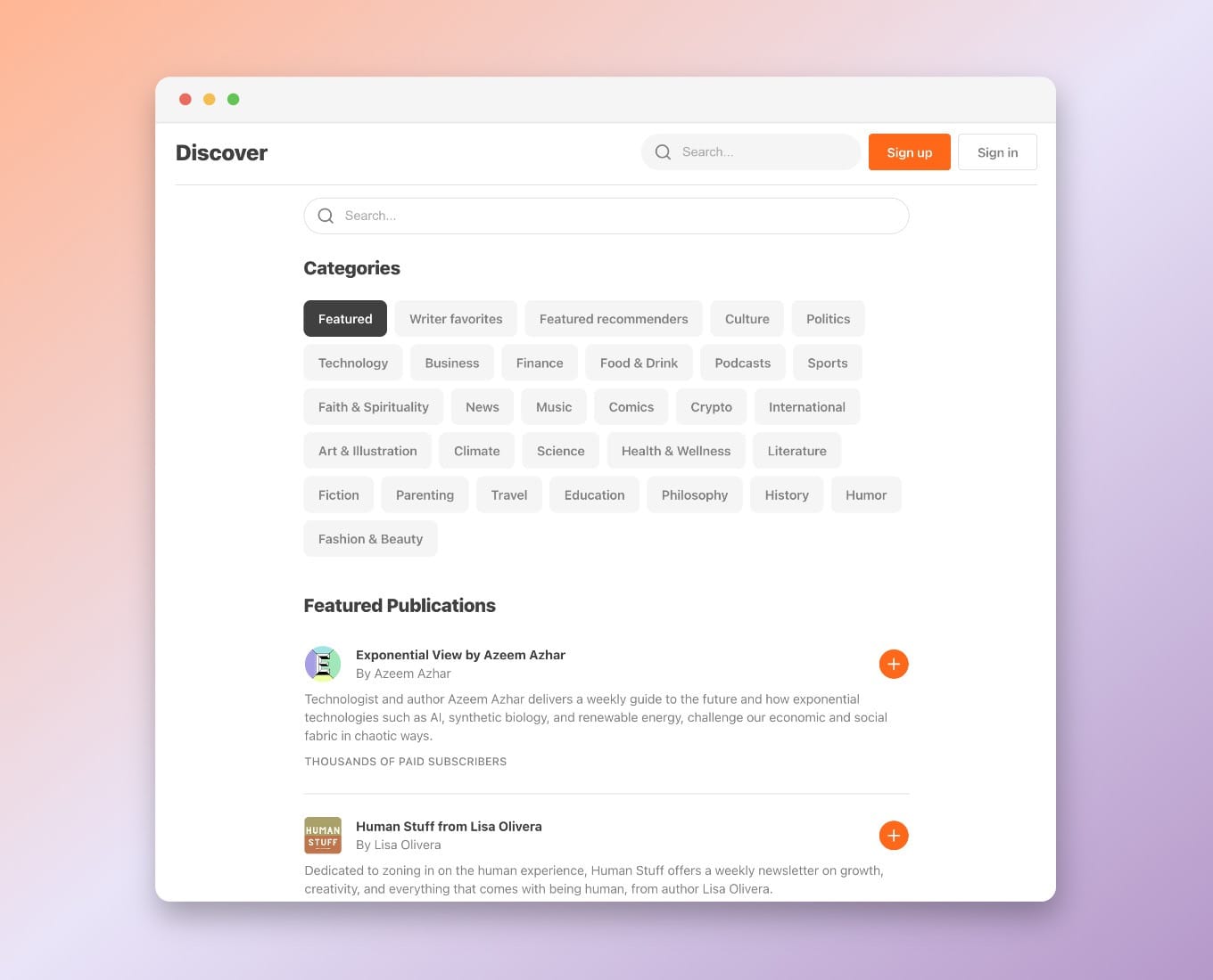 Substack's 'Discover' feature allows you to explore the best newsletters and publications across a variety of categories