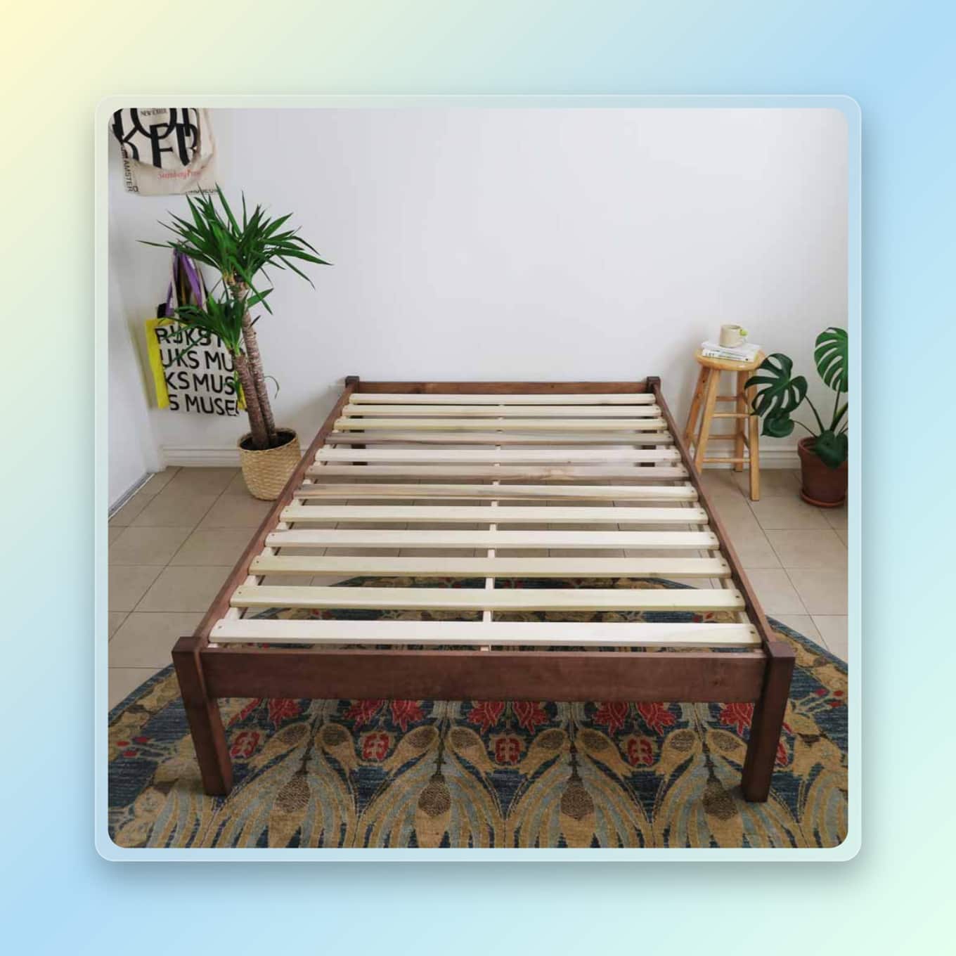 Eco friendly wooden bed frame in a modern bedroom