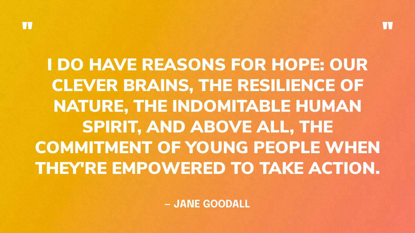 “I do have reasons for hope: our clever brains, the resilience of nature, the indomitable human spirit, and above all, the commitment of young people when they're empowered to take action.” — Jane Goodall