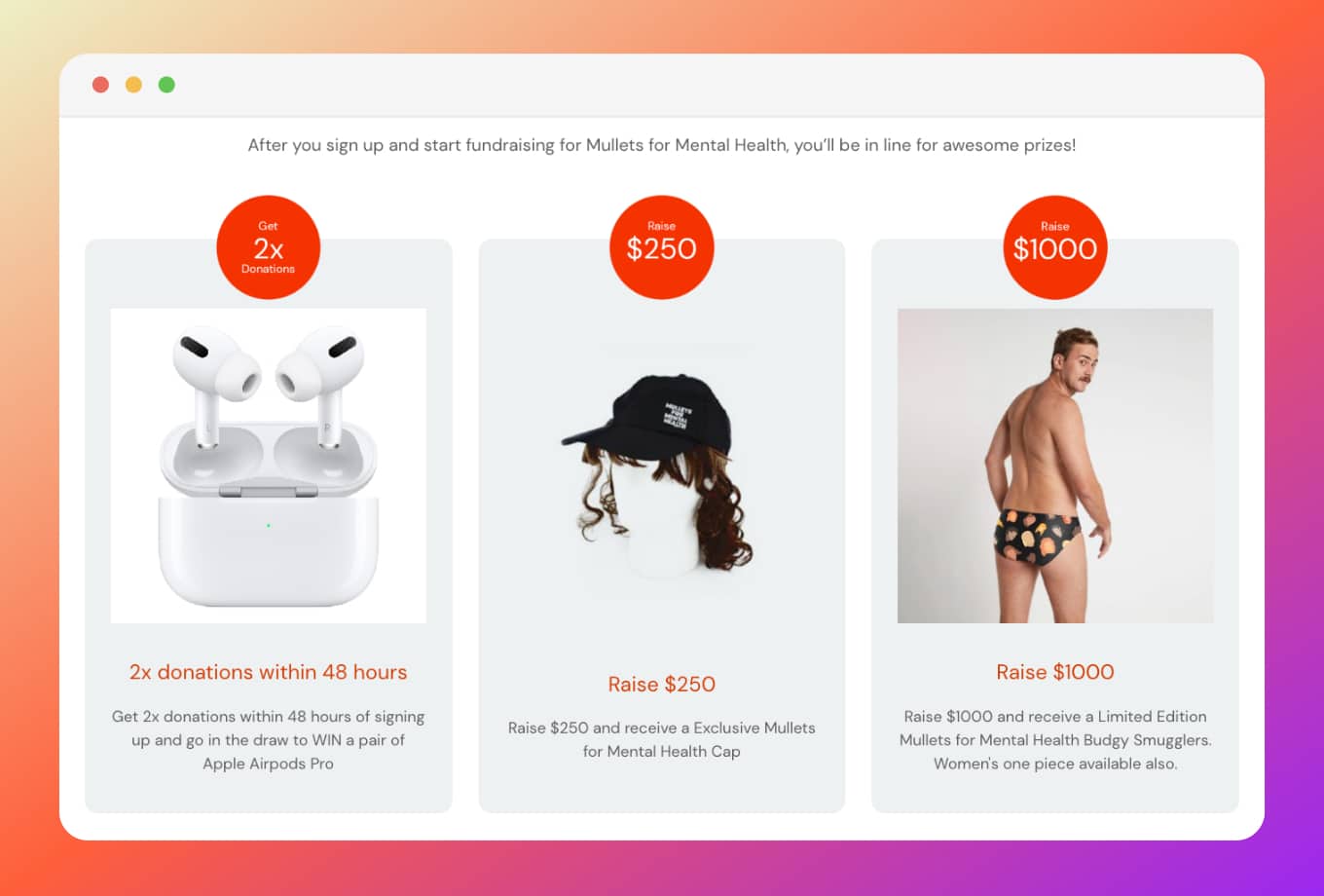 Rewards include AirPods, a Mullets or Mental Health hat, and a custom swimsuit