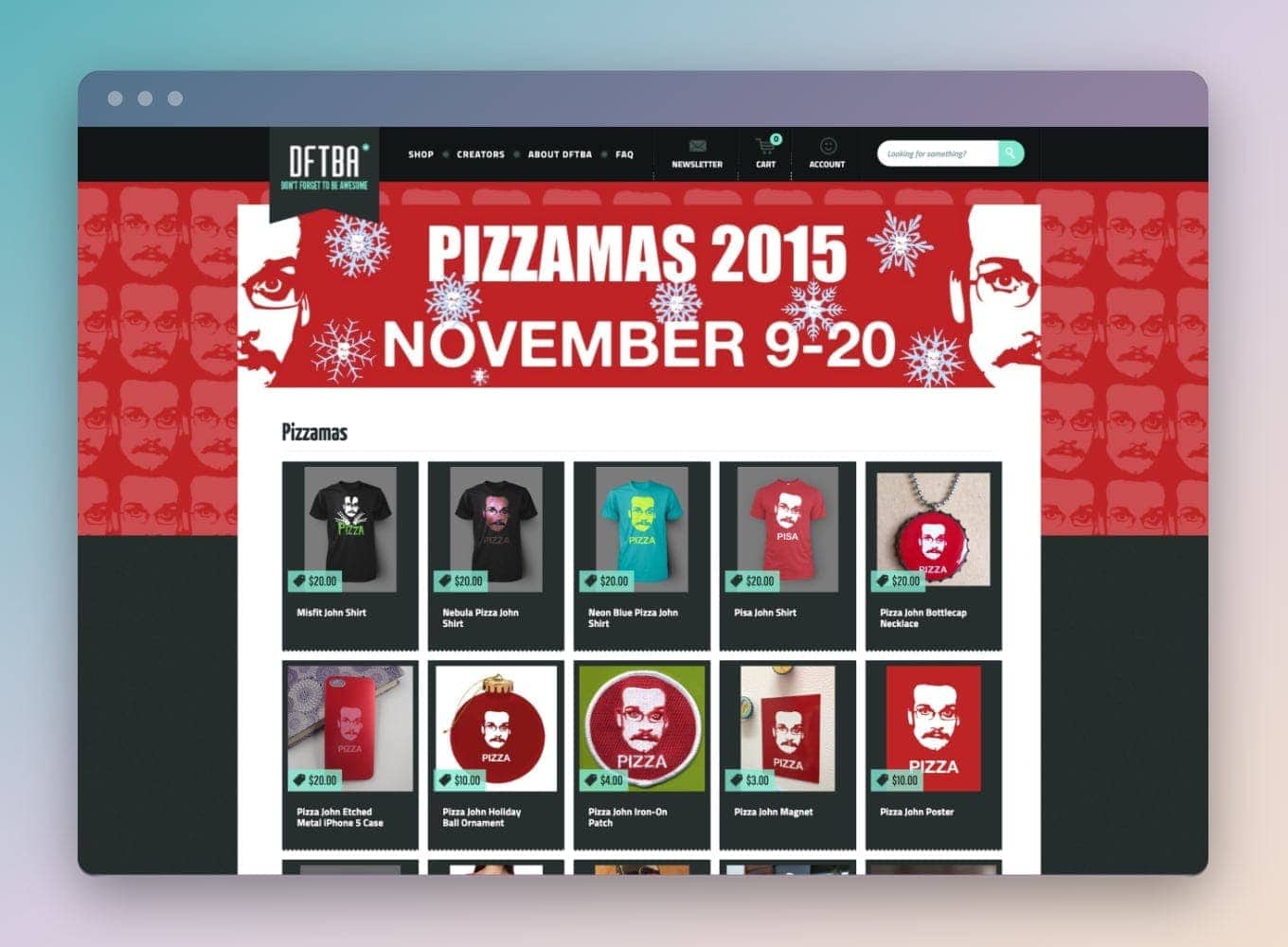 Screenshot of the 2015 version of DFTBA's website, showing old Pizzamas merch