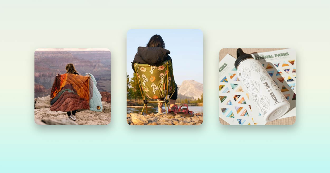 National Parks gifts: Puffy Blanket, Camp Chair, and Water Bottle
