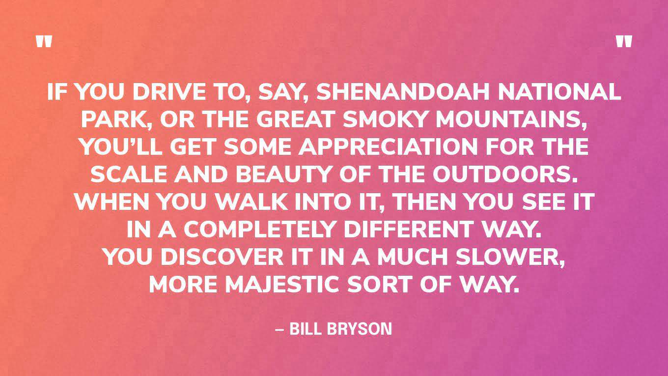 “If you drive to, say, Shenandoah National park, or the Great Smoky Mountains, you’ll get some appreciation for the scale and beauty of the outdoors. When you walk into it, then you see it in a completely different way. You discover it in a much slower, more majestic sort of way.” — Bill Bryson