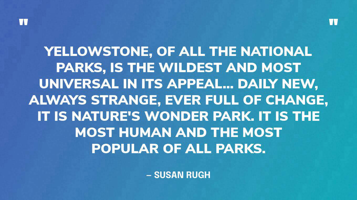 “Yellowstone, of all the national parks, is the wildest and most universal in its appeal... Daily new, always strange, ever full of change, it is Nature's wonder park. It is the most human and the most popular of all parks.” — Susan Rugh, Family Vacation