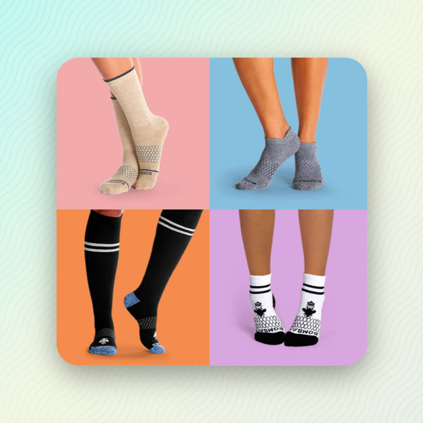 Ankle, crew, calf, quarter, and knee-length socks