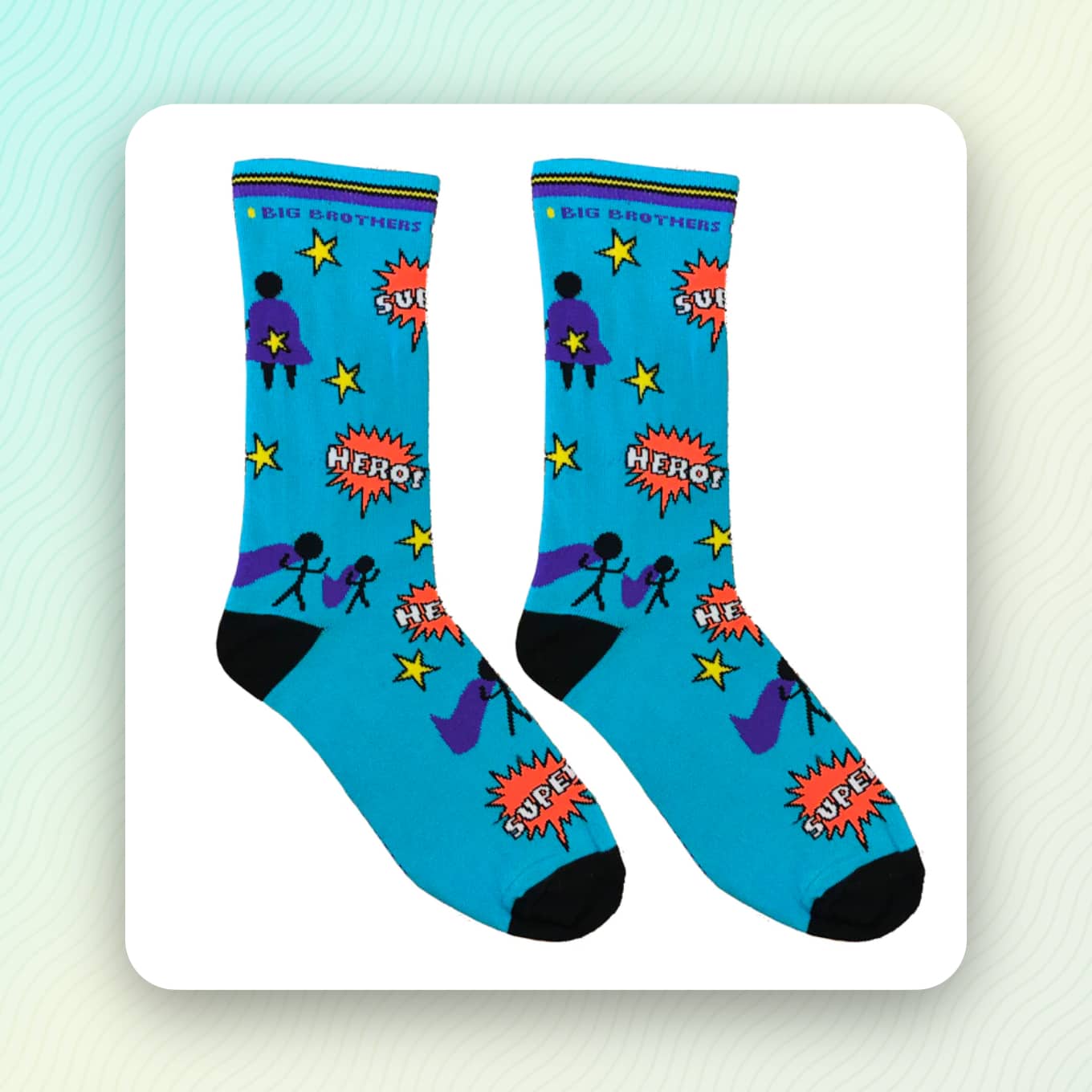 Socks that say 'Big Brothers Big Sisters' and show superheroes and the words Super and Hero