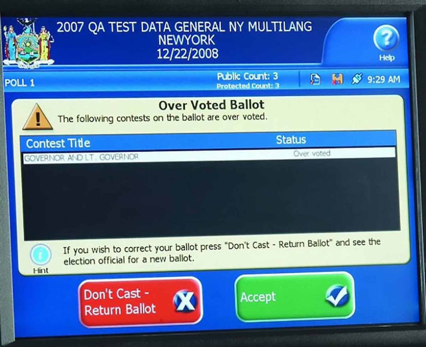 The screen for New York's voting in 2008