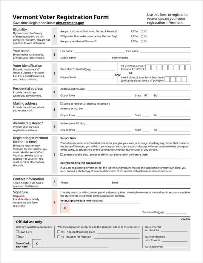 Vermont's voter registration form