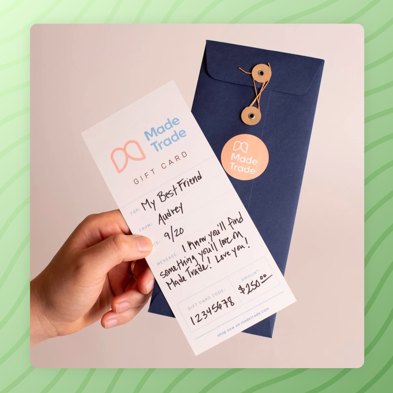 Hand-written gift card from Made Trade with spots to fill in the blanks
