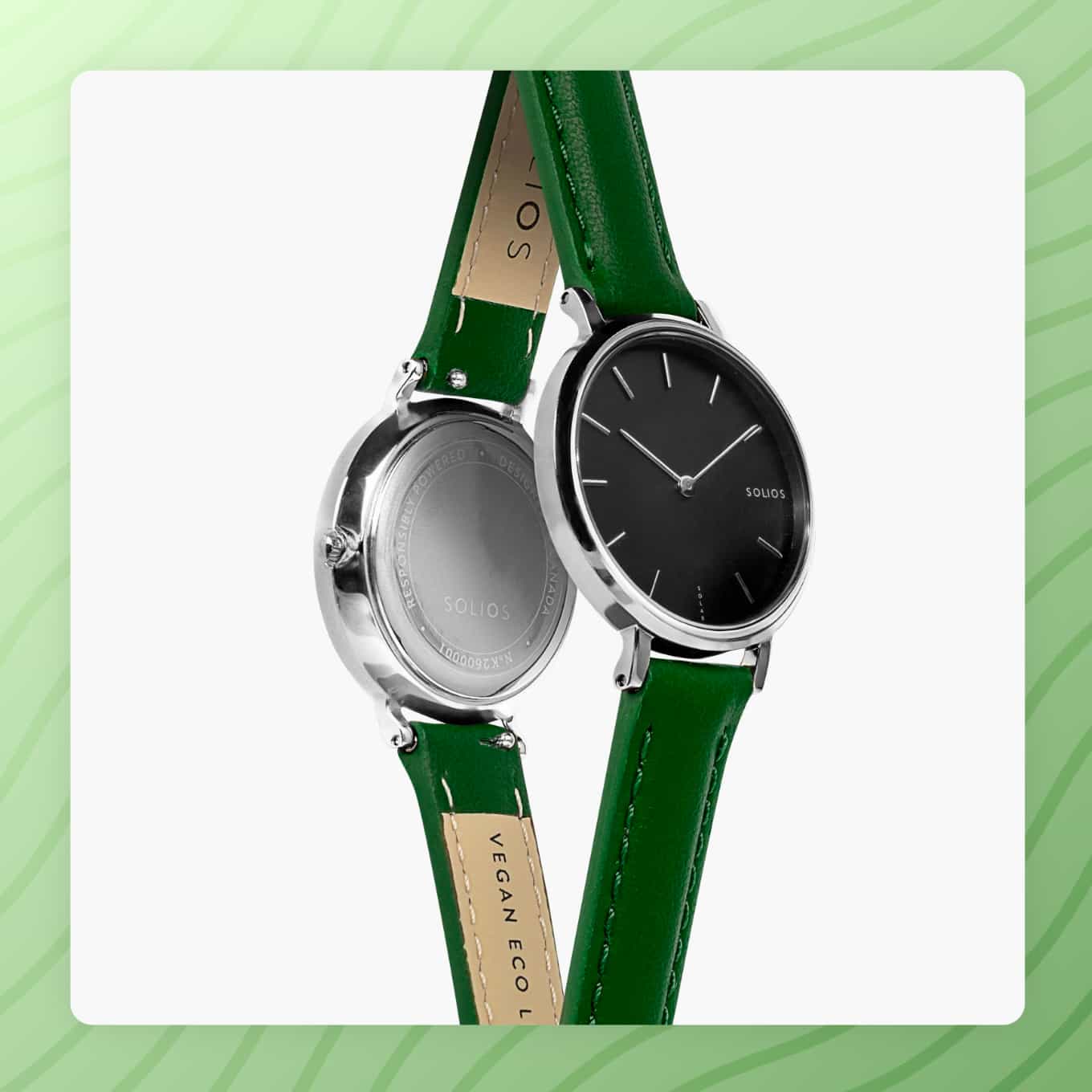 A sleek watch from Solios featuring a green watch band