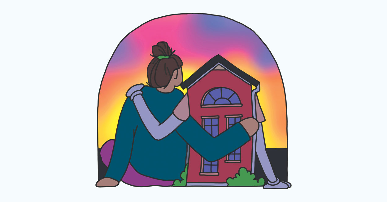 Illustration of a person and a home embracing
