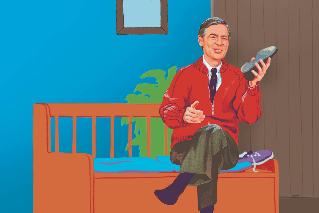 Mister Rogers putting on his shoes