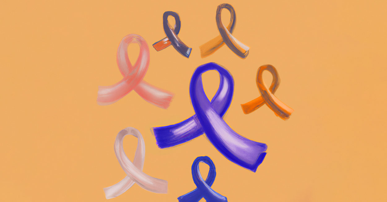 Purple, orange, white, blue, gold, and pink awareness ribbons