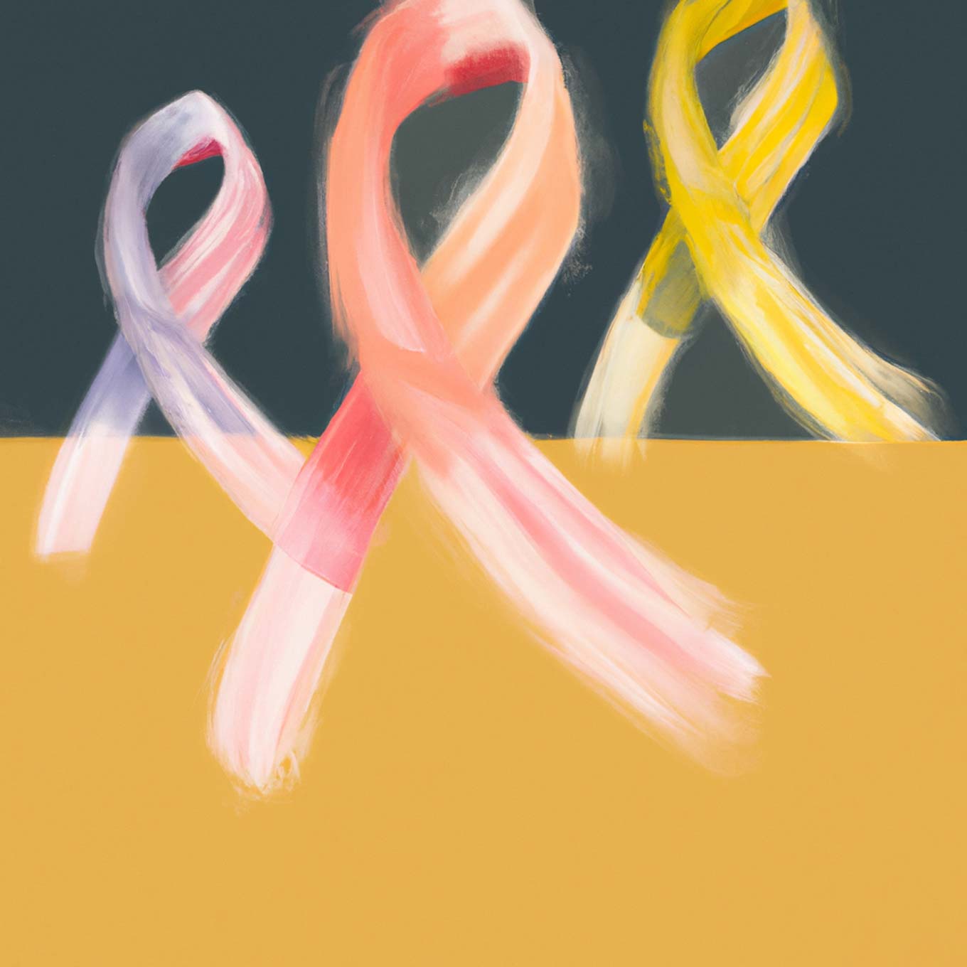 Purple, pink, orange, and yellow awareness ribbons