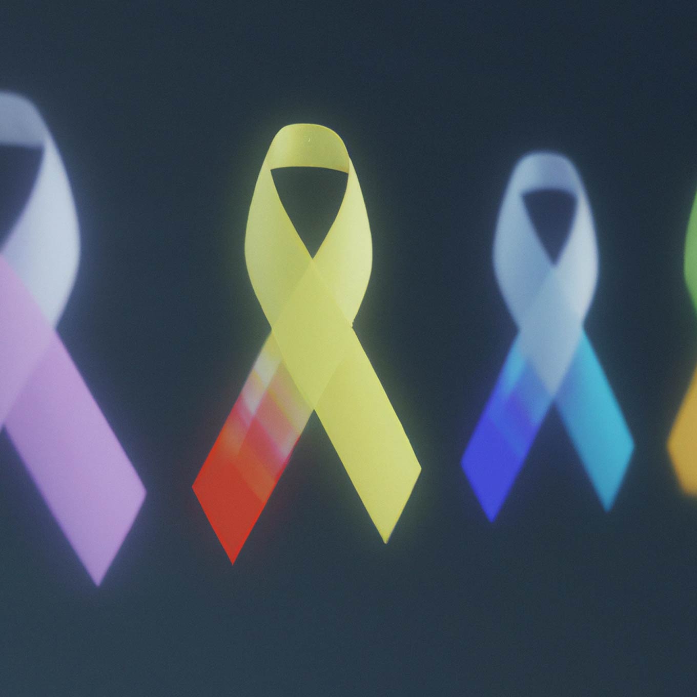 Pink, white, orange, yellow, dark blue, light blue, and green awareness ribbons