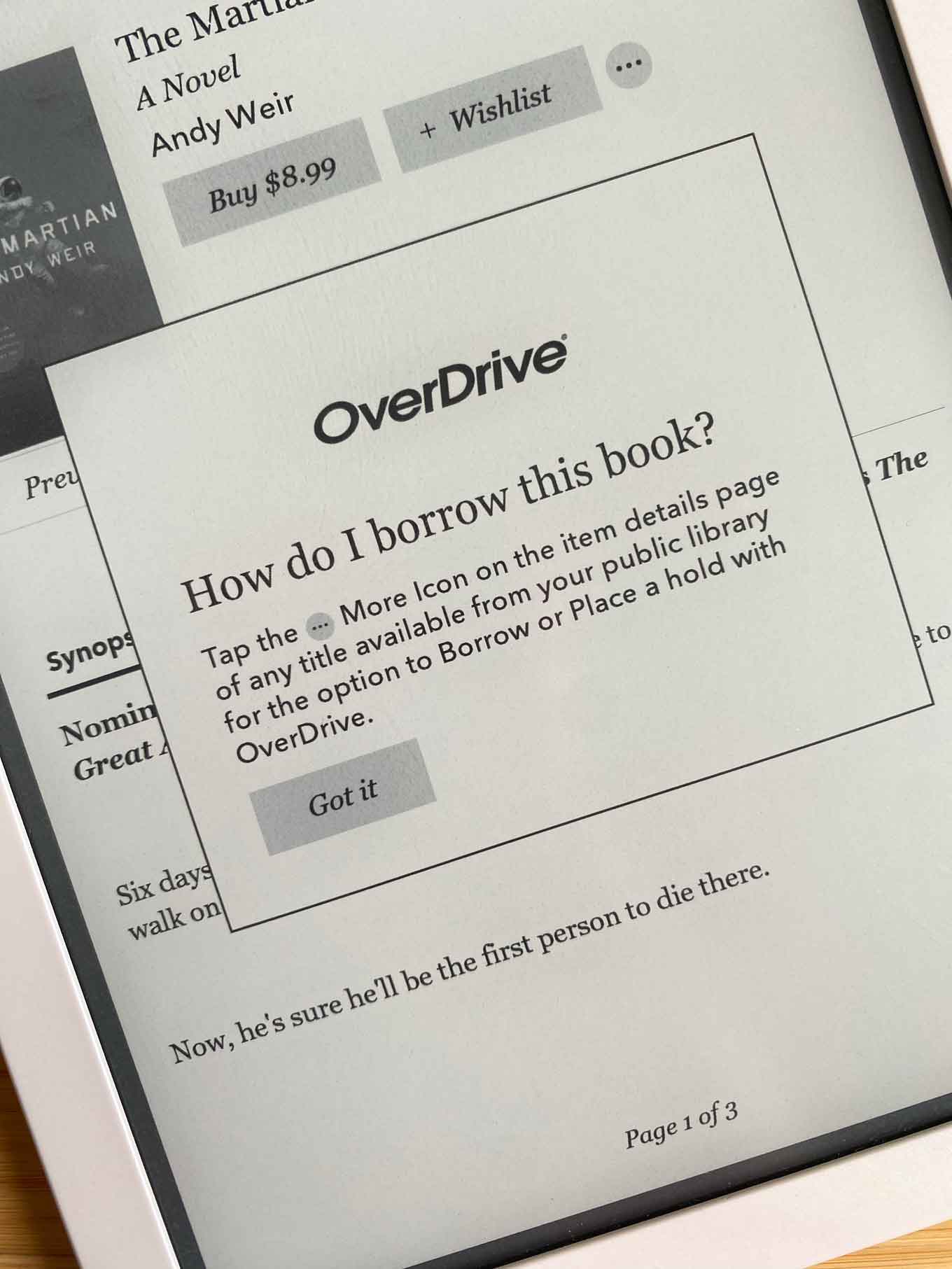 Text on Kobo e-reader: Tap the [...] More Icon on the item details page of any title available from your public library for the option to Borrow or Place a hold with OverDrive