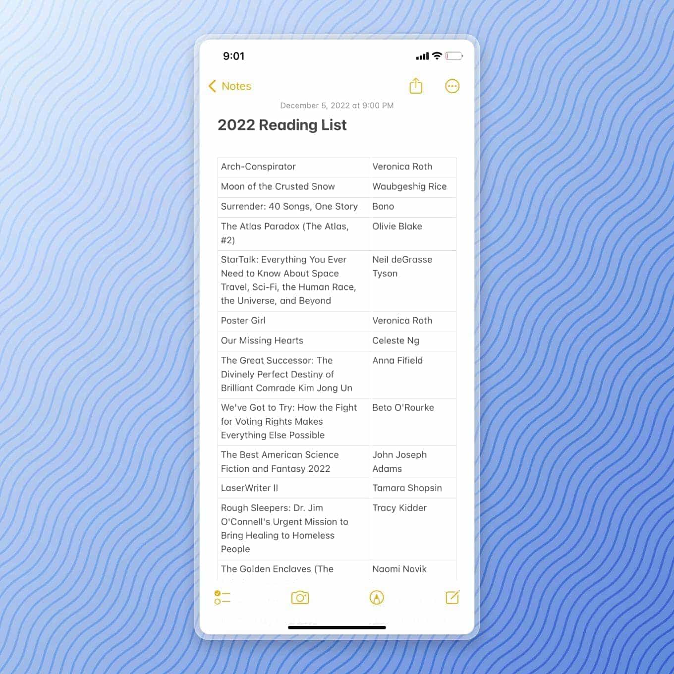 Notes app screenshot of a reading list