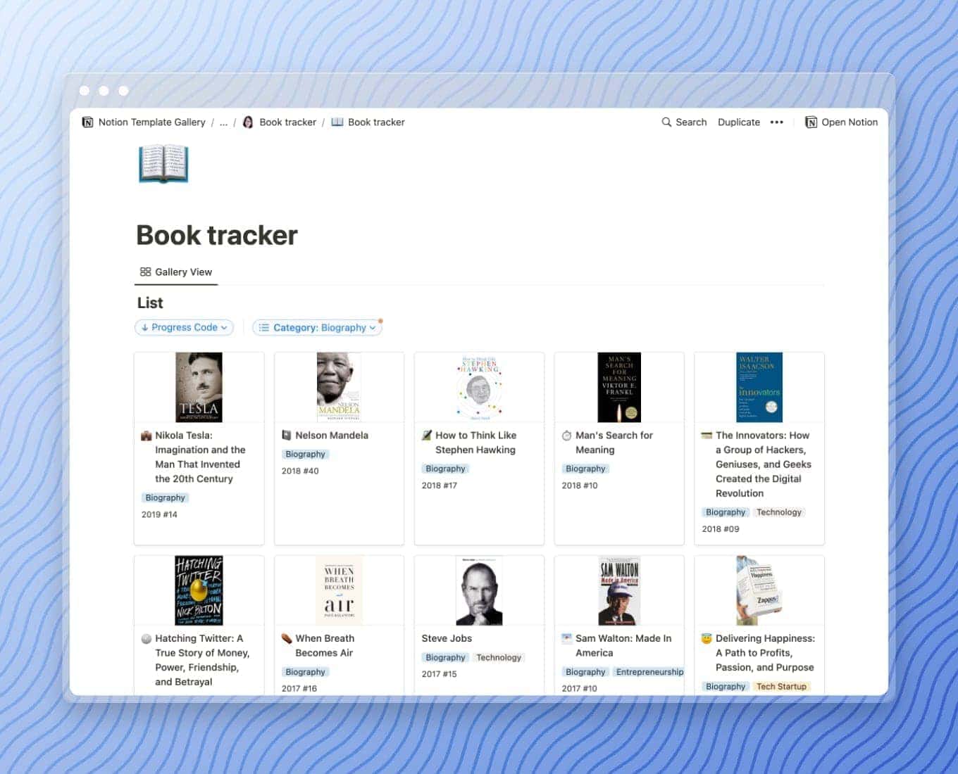Notion book tracker screenshot