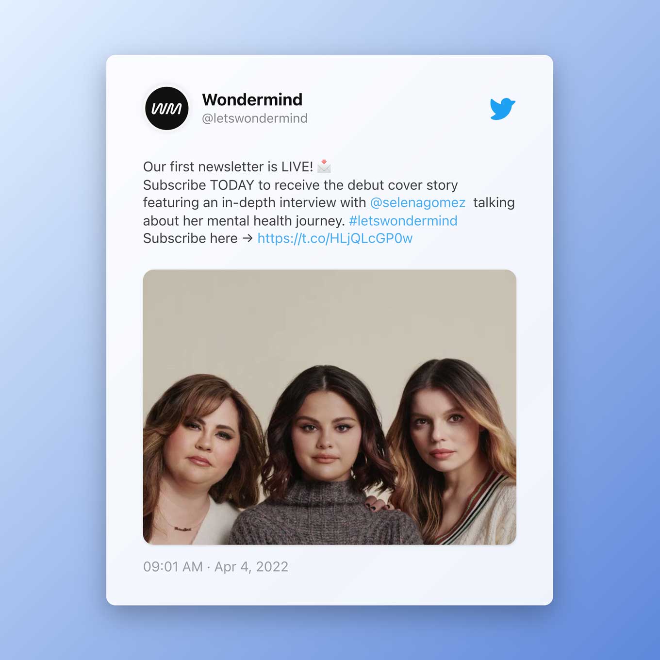 Our first newsletter is LIVE! 📩 Subscribe TODAY to receive the debut cover story featuring an in-depth interview with  @selenagomez   talking about her mental health journey. #letswondermind Subscribe here → 