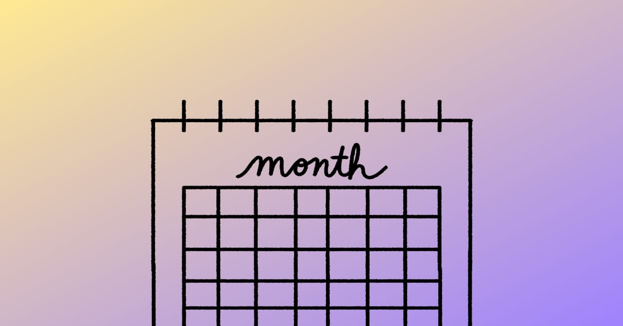 Purple and gold calendar for May awareness months, days, and weeks