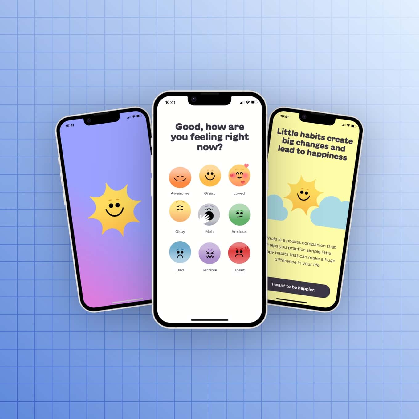 Screenshots from Happiness Broadcast’s Whole: Self-Care Habit Builder