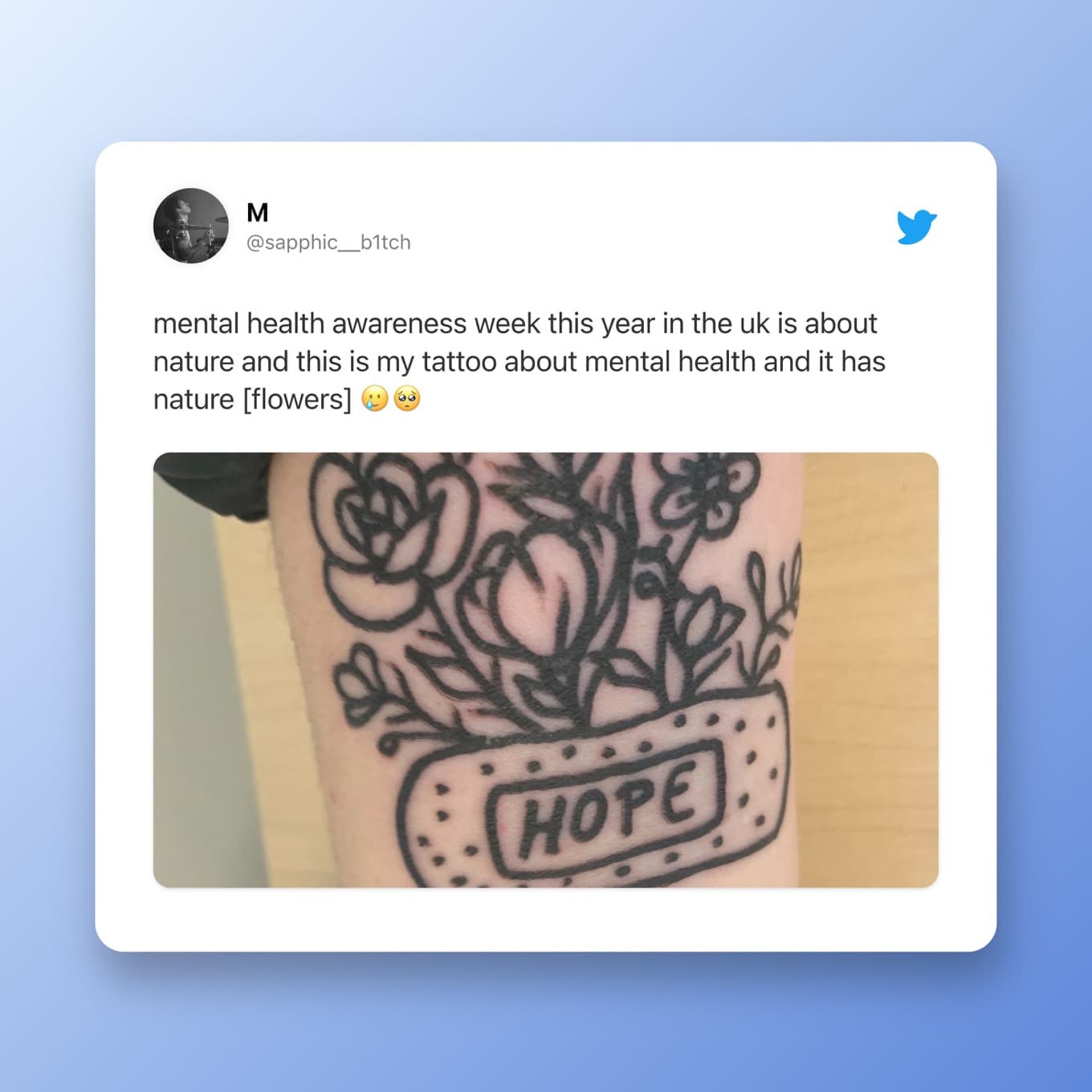 mental health awareness week this year in the uk is about nature and this is my tattoo about mental health and it has nature [flowers] 🥲🥺