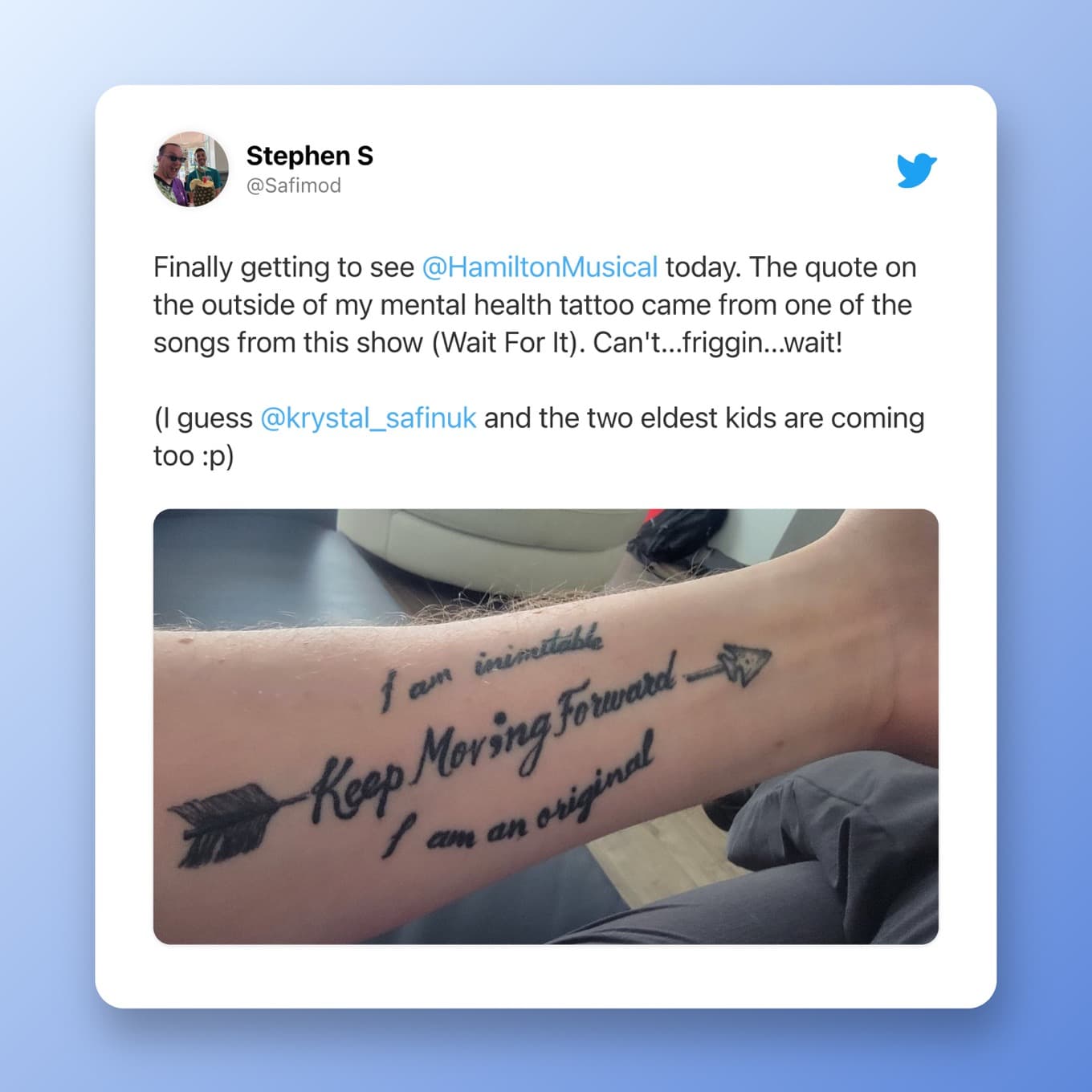 Finally getting to see  @HamiltonMusical  today. The quote on the outside of my mental health tattoo came from one of the songs from this show (Wait For It). Can't...friggin...wait!
