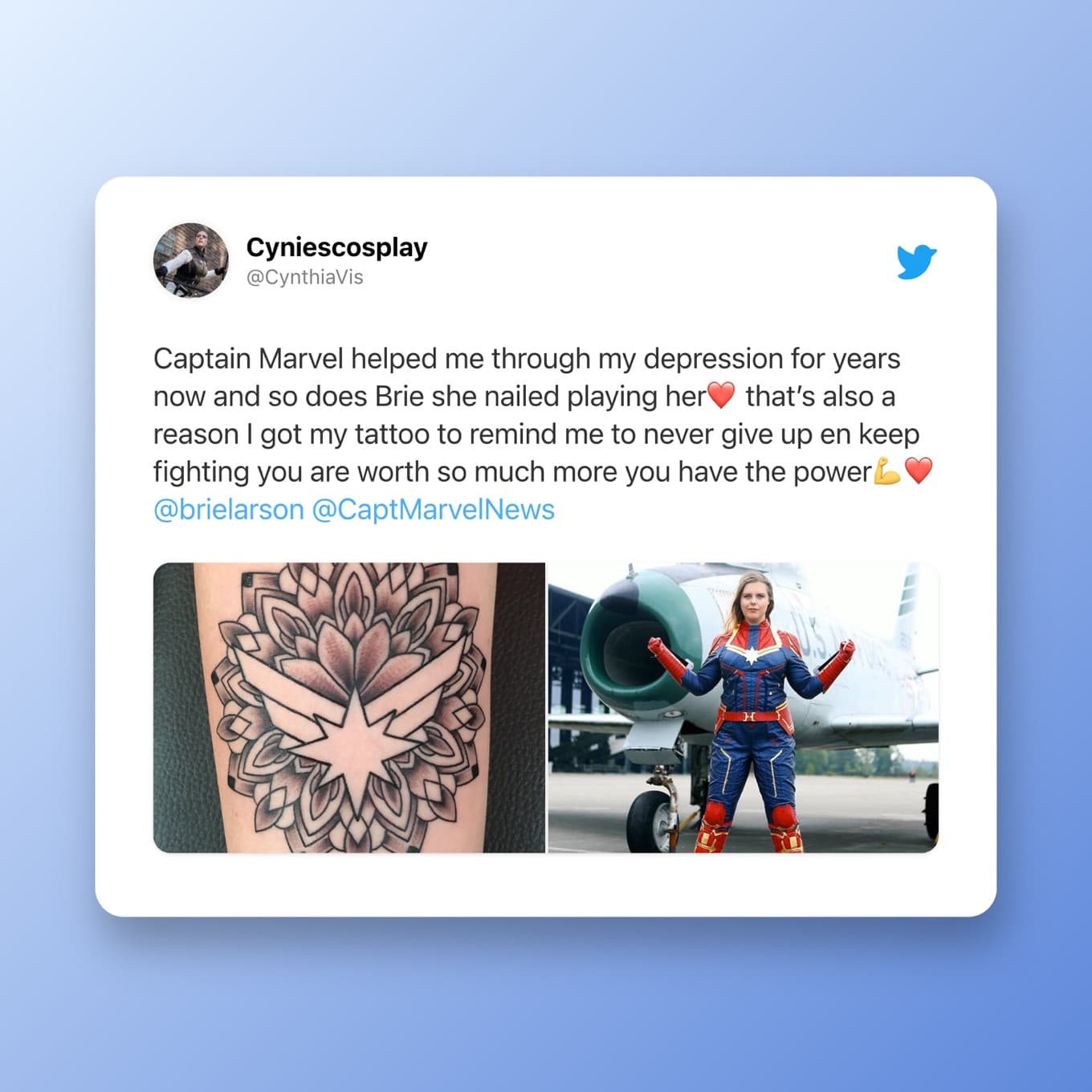 Captain Marvel helped me through my depression for years now and so does Brie she nailed playing her❤️ that’s also a reason I got my tattoo to remind me to never give up en keep fighting you are worth so much more you have the power💪❤️  @brielarson   @CaptMarvelNews