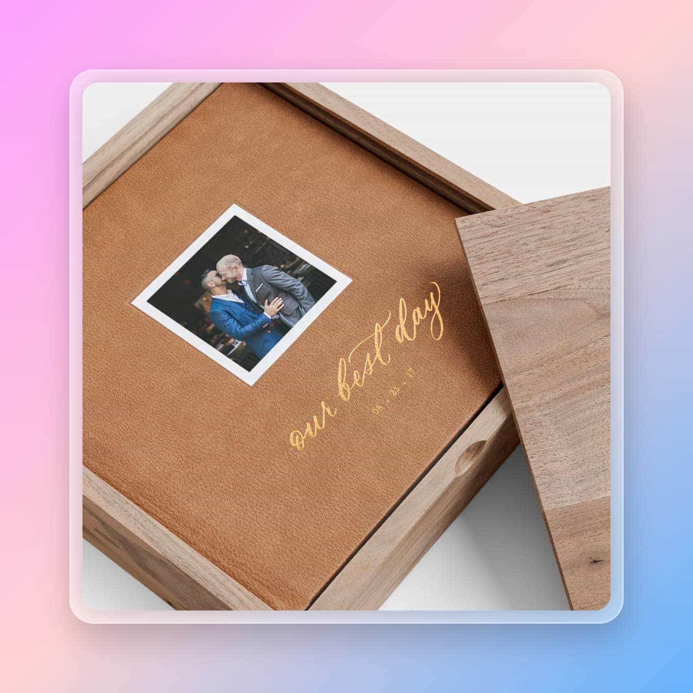 Front cover of a photo album, wrapped in a wooden box
