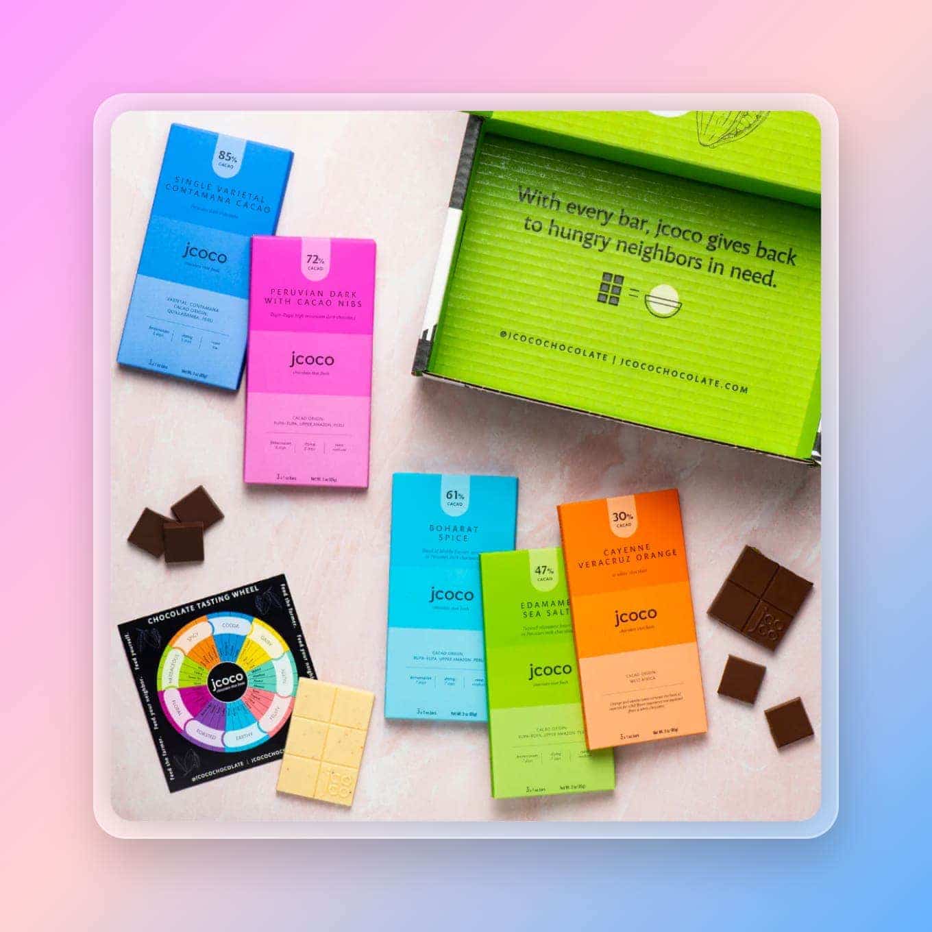 Box of chocolates that give back, with colorful packaging