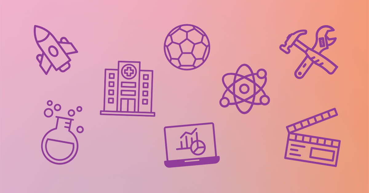 Icons of things to celebrate for International Women's Day: business, sports, healthcare, science, filmmaking, engineering, innovation, STEM — all in the color purple, to represent the color theme