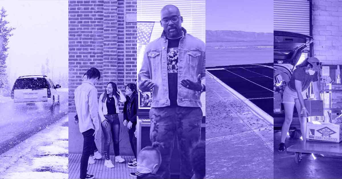 A photo collage of a car on a salted road, a group of people, a man speaking in front of kids, a solar farm, and a volunteer carrying food donations