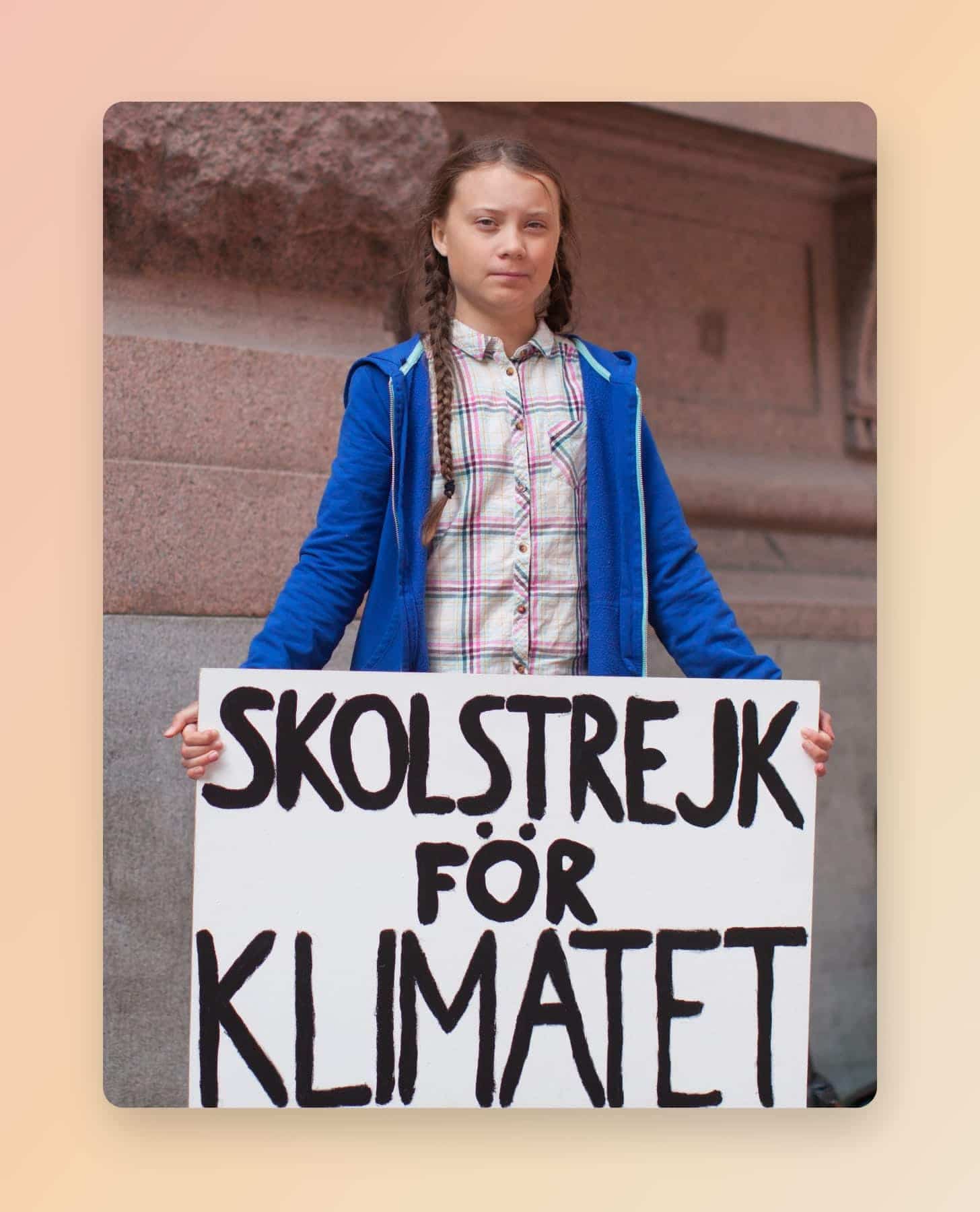 In August 2018, outside the Swedish parliament building, Greta Thunberg started a school strike for the climate. Her sign reads, “Skolstrejk för klimatet,” 