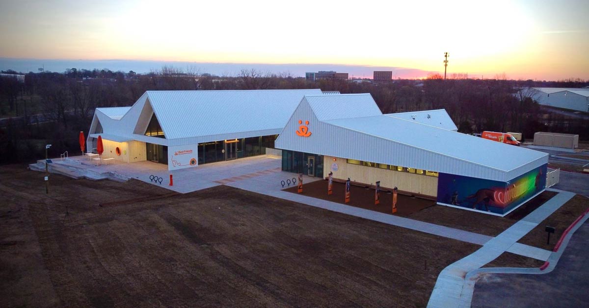 View of pet resource center, photographed by a drone at sunset