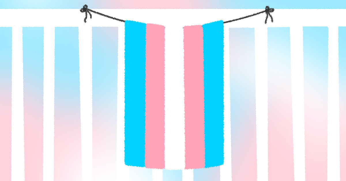 Illustration of a Transgender Pride Flag hanging in front of a pink and blue gradient background