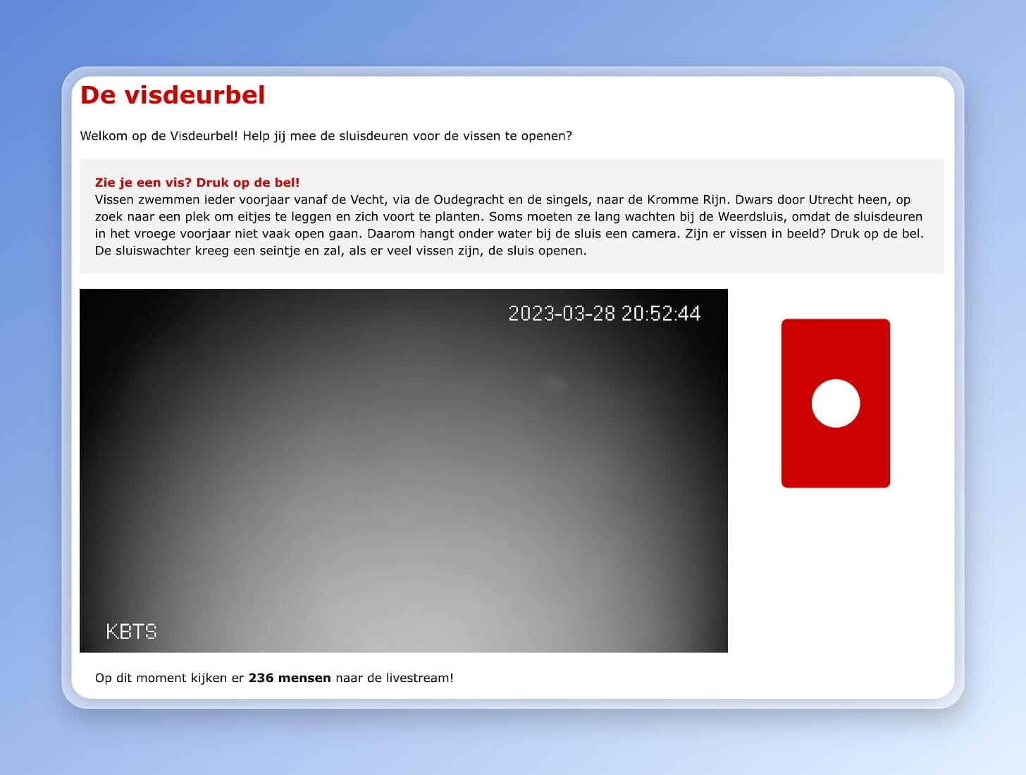 Screenshot of fish doorbell website, with lots of writing in Dutch