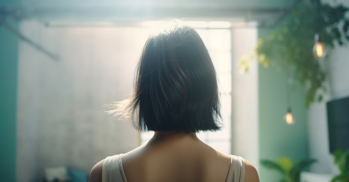 A view from behind a woman with chin-length hair as she looks out a window in a peaceful environment and practices positive affirmations for anxiety
