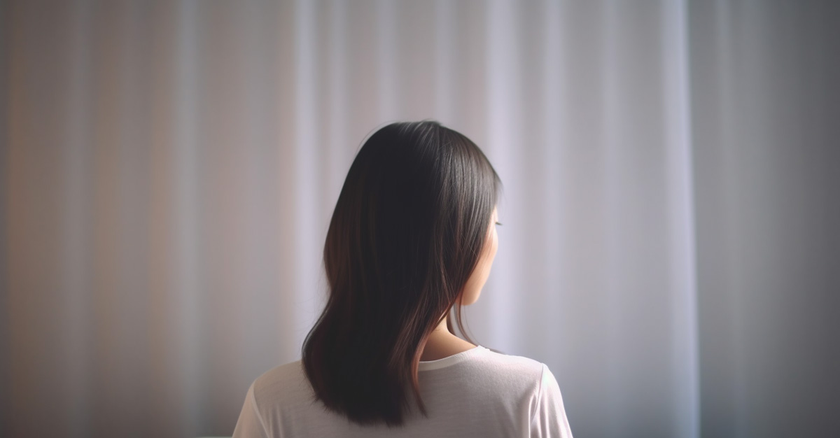 Photo of a woman with shoulder length black hair staring into the distance 