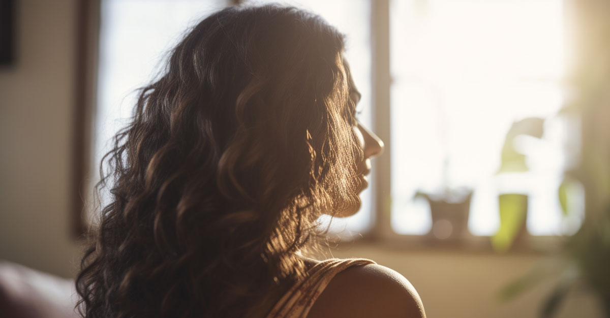 A photo from behind of a woman looking off into the distance as light streams through the window and she practices her positive affirmations