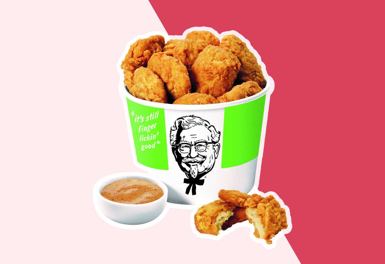 A bucket of KFC's Beyond Fried Chicken with sauce