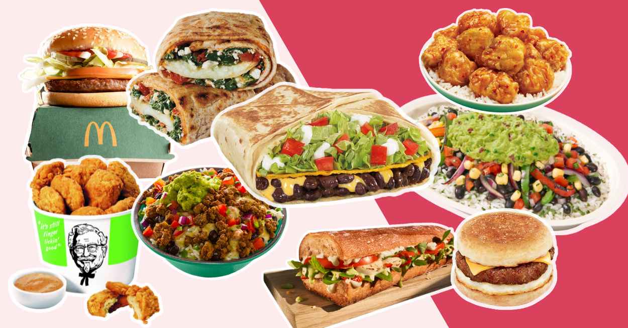 A bunch of vegetarian fast food options from different drive thru restaurants