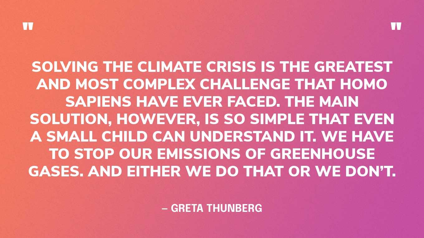 “Solving the climate crisis is the greatest and most complex challenge that Homo sapiens have ever faced. The main solution, however, is so simple that even a small child can understand it. We have to stop our emissions of greenhouse gases. And either we do that or we don’t.” — Greta Thunberg, in a speech at the World Economic Forum, 2019 