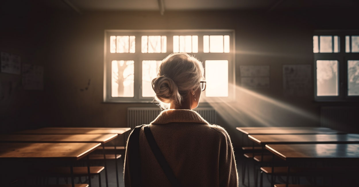 A teacher stands in her classroom and looks out the windows as the sun spills in before school starts
