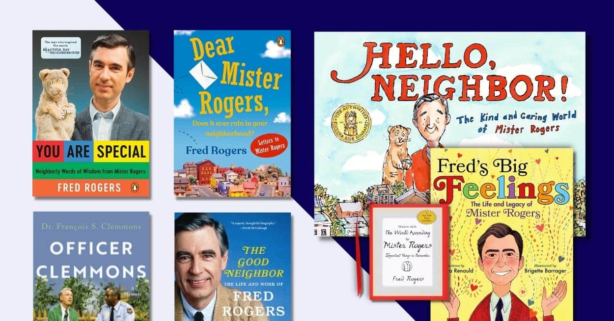 Covers of 7 of the Mister Rogers books from this article, including books by Fred, books by people from Mister Rogers Neighborhood, and children's books