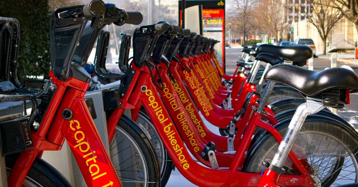 Red bike share bikes in a row from Capital bike share