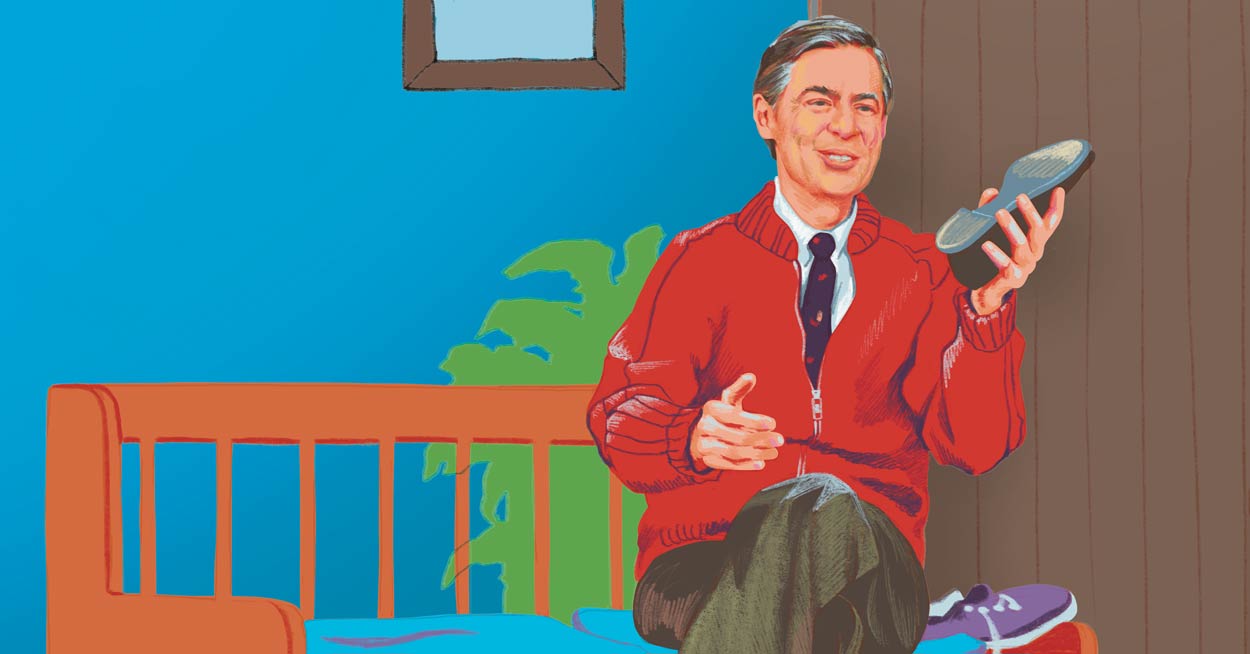 Illustration of Fred Rogers putting on a shoe in Mister Rogers Neighborhood